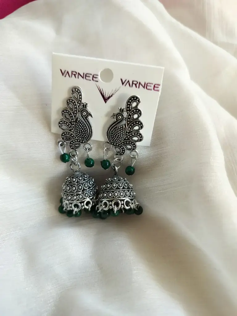 Oxidized Peacock Jhumka Earrings with green Beads