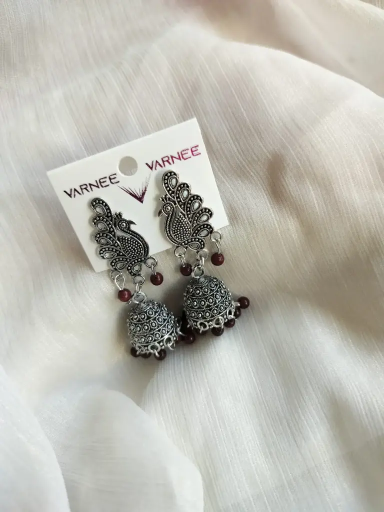 Oxidized Peacock Jhumka Earrings with Maroon Beads