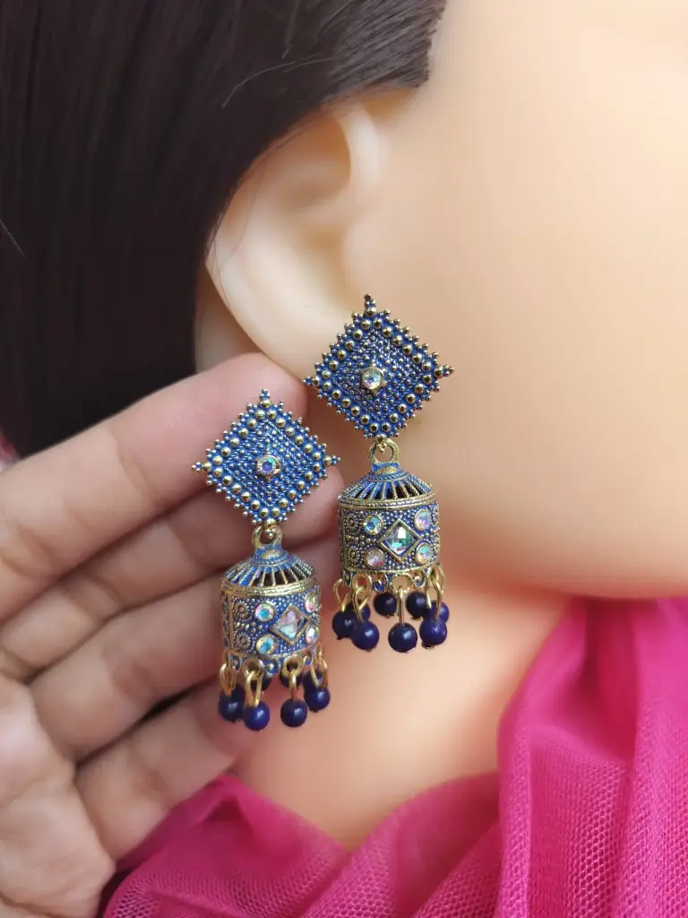 Royal Blue Enamel Mirror Jhumka Earrings