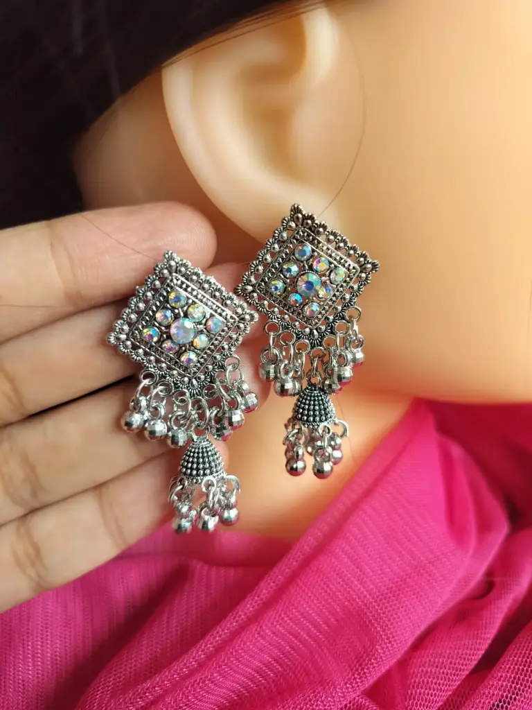 Ethnic Oxidized Silver Square Dangler Earrings