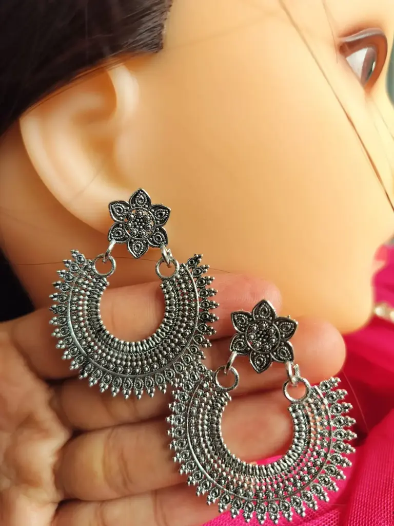 Floral Stud Oxidized Silver Boho Hoop Earrings