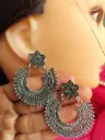 Floral Stud Oxidized Silver Boho Hoop Earrings