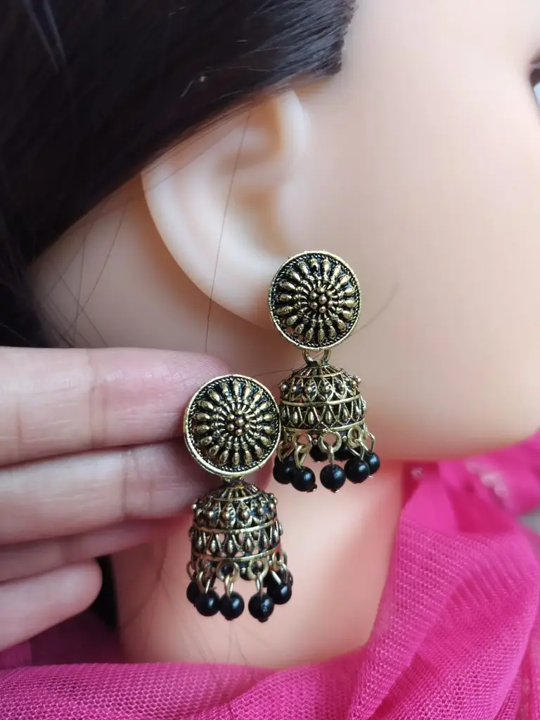 Antique Gold-Tone Jhumka Earrings with Black Beads