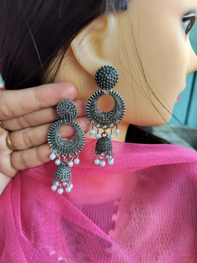Antique Oxidized Silver Jhumka Earrings with Pearl Beads