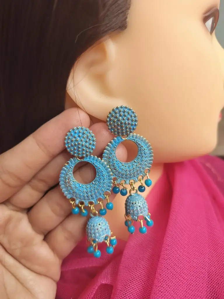 Vibrant Blue Oxidized Jhumka Earrings with Beaded Drops