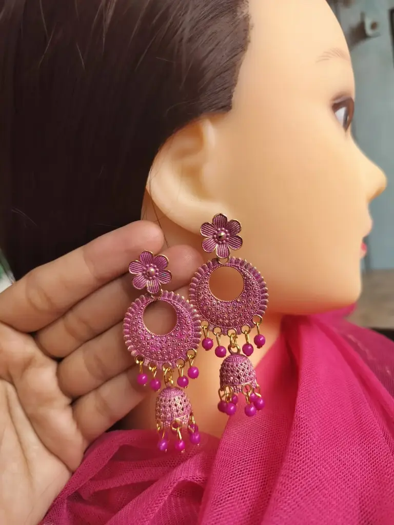Floral Stud Pink Oxidized Jhumka Earrings with Beaded Drops