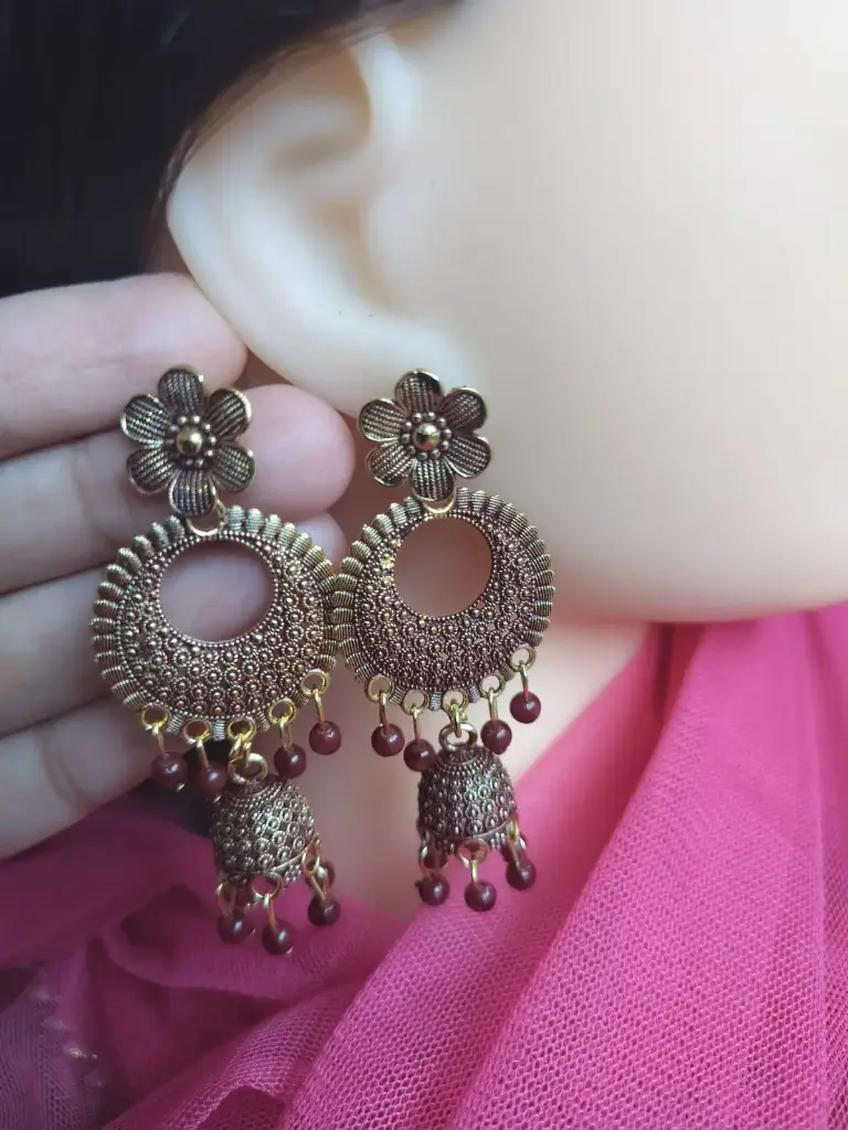 Antique Maroon Circular Dangler Jhumka Earrings