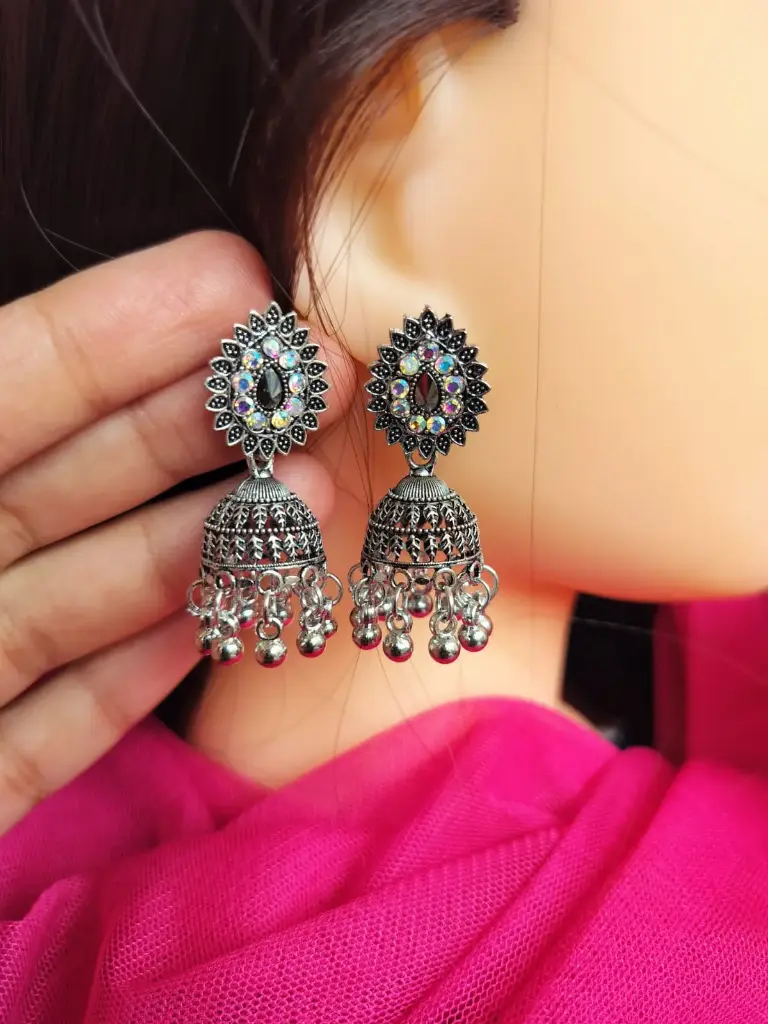 Oxidized Silver Jhumka Earrings with Mirror Stones