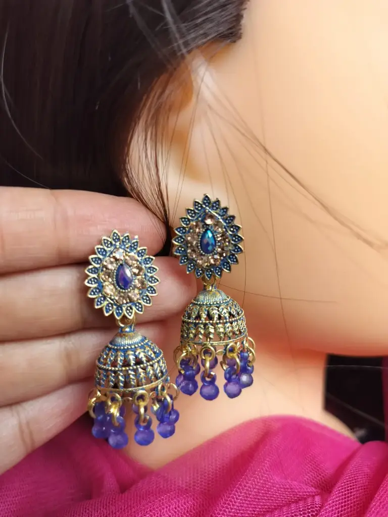 Royal Blue Antique Jhumka Earrings with Bead Danglings