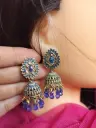 Royal Blue Antique Jhumka Earrings with Bead Danglings