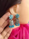 Floral Turquoise Jhumka Earrings with Crystal Accents