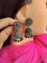 Antique Oxidized Silver Jhumka Earrings with Green Beads