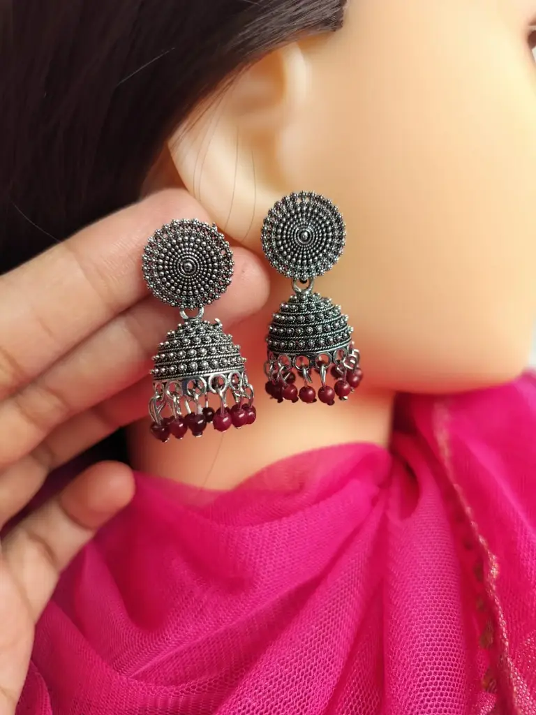 Antique Oxidized Silver Jhumka Earrings with Maroon Beads