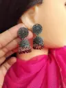 Antique Oxidized Silver Jhumka Earrings with Maroon Beads