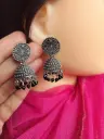 Antique Oxidized Silver Jhumka Earrings with Black Beads
