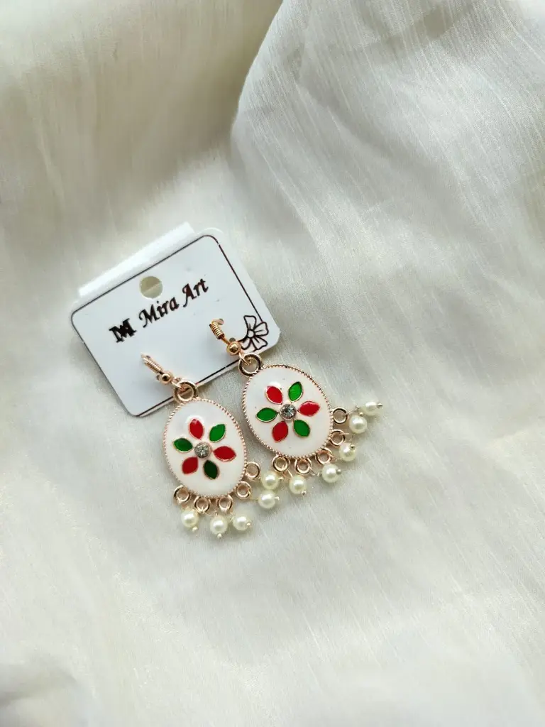 Classic White Floral Drop Earrings with Red-Green Petals – M Mira Art