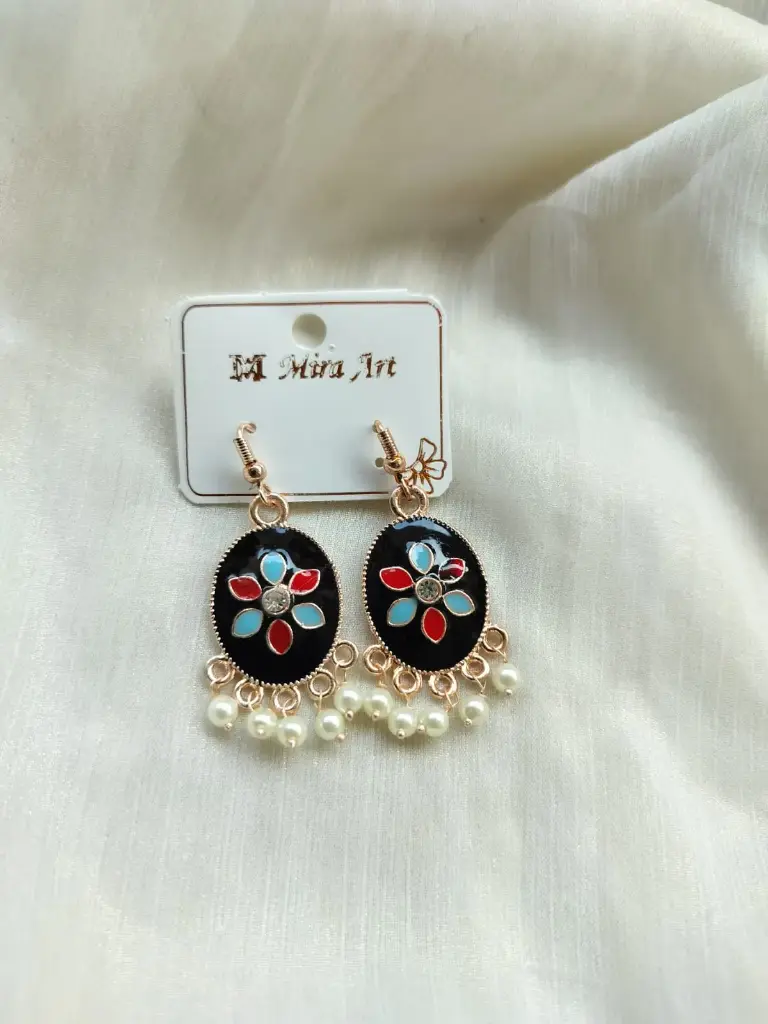 Bold Black Floral Drop Earrings with Blue-Red Petals – M Mira Art