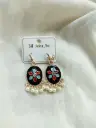 Bold Black Floral Drop Earrings with Blue-Red Petals – M Mira Art