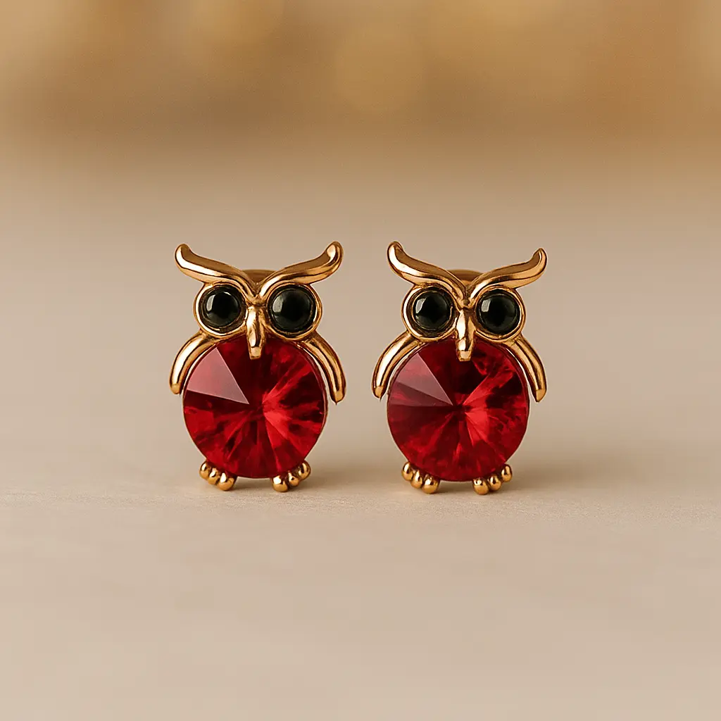 **Owl-Inspired Ruby Red Stud Earrings**