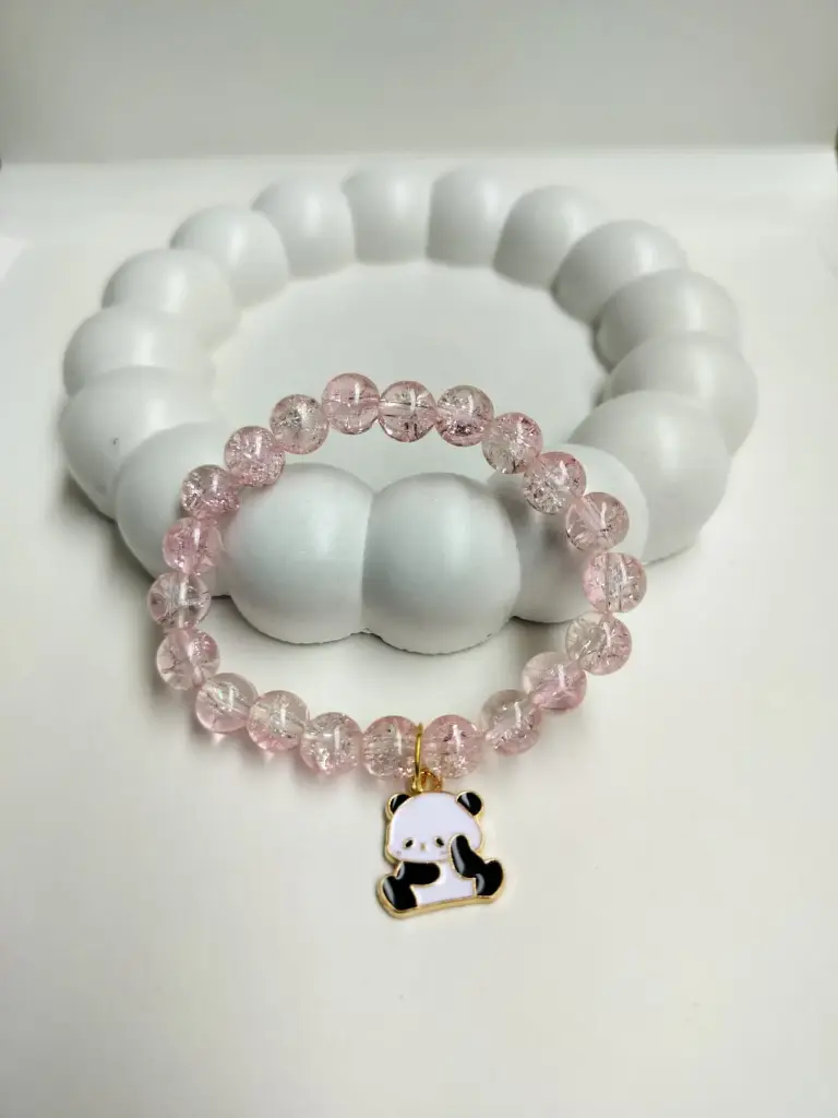  🌸🐼 **Pink Crystal Beads Bracelet with Panda Charm – Kids’ Favorite**
