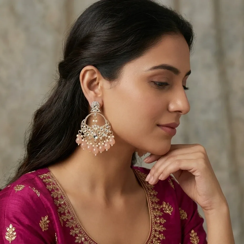 Gold plated kundan chandbali earrings