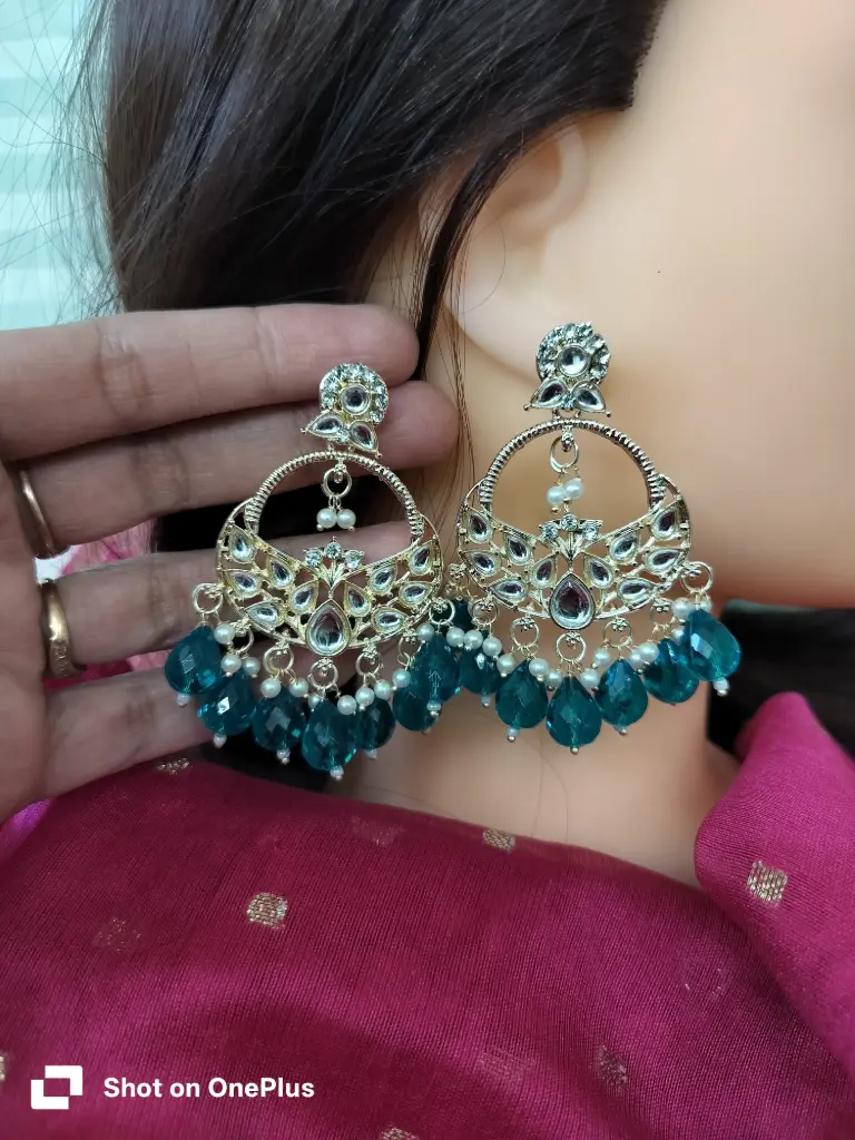 Gold plated kundan green chandbali earrings 