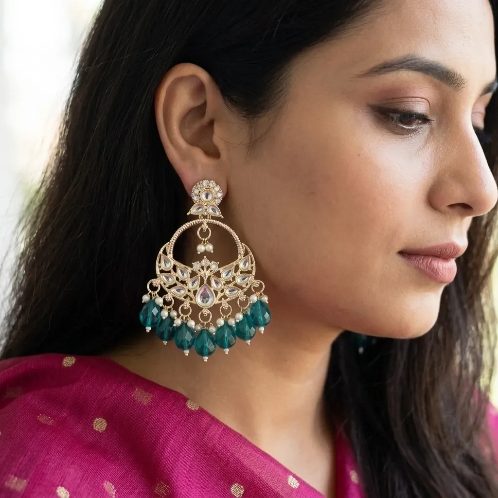 Gold plated kundan green chandbali earrings 