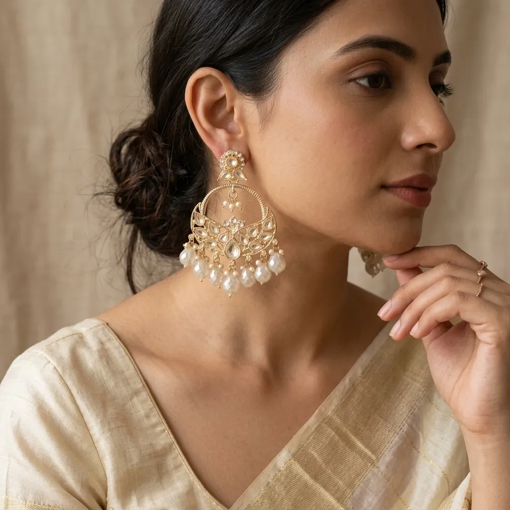 Gold plated kundan white chandbali earrings 