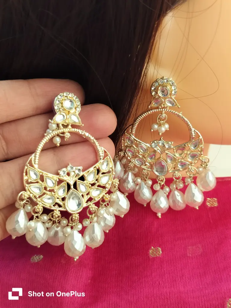 Gold plated kundan white chandbali earrings 