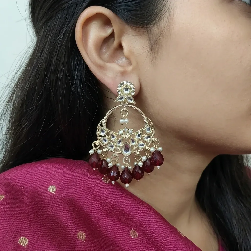 gold-plated kundan & maroon crystal beads dangle chandbali earrings. 