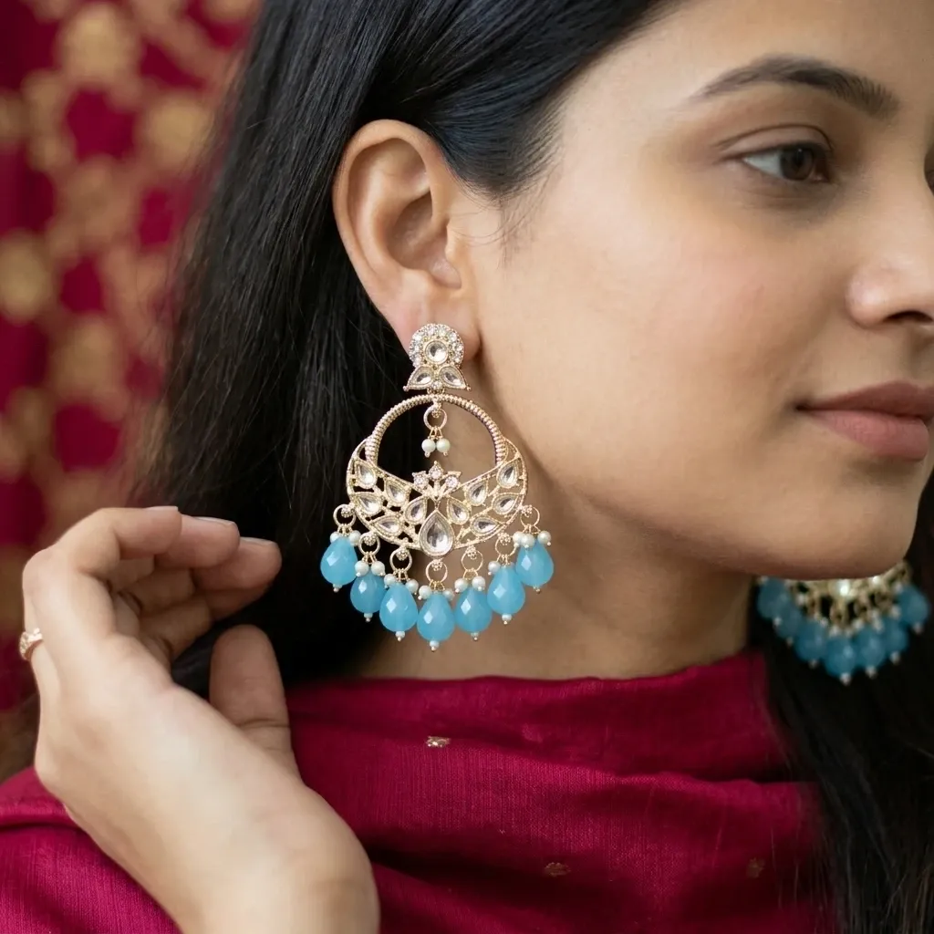Sea blue Kundan and beads embellished Chandbali earrings. 
