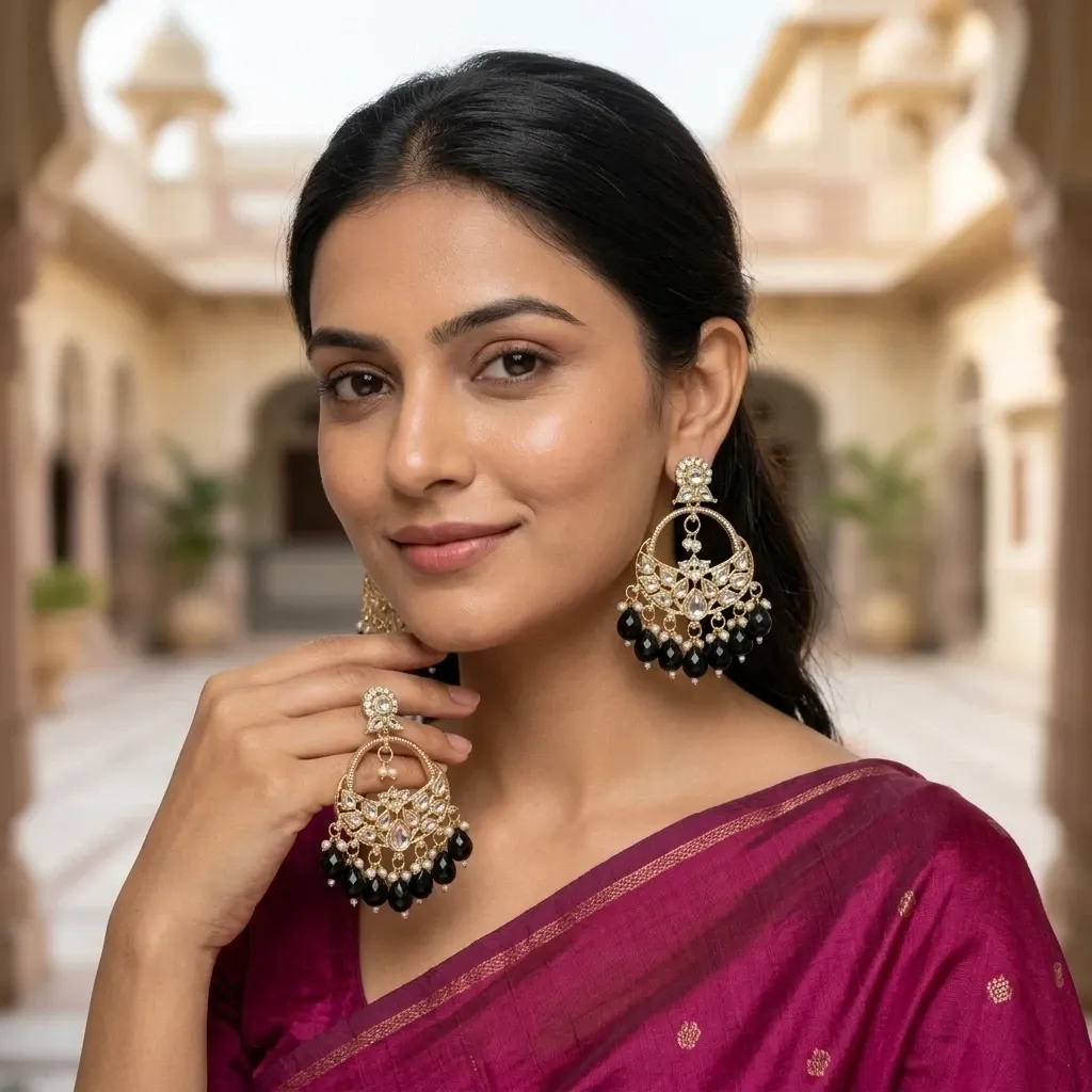 Kundan and black beads embellished Chandbali earrings.