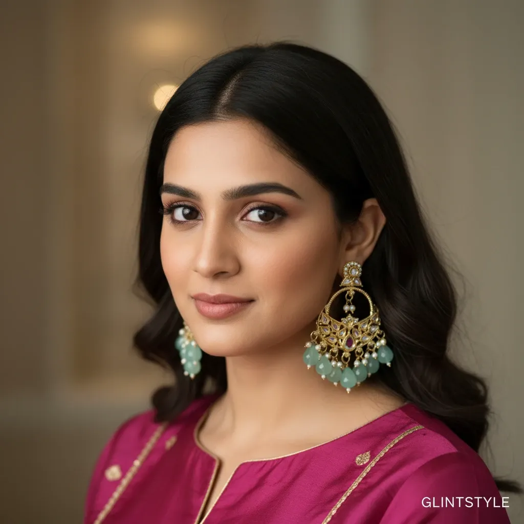  gold-plated Kundan Chandbali earrings with mint green beads