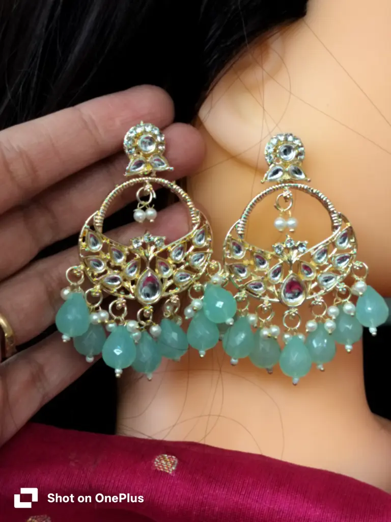  gold-plated Kundan Chandbali earrings with mint green beads
