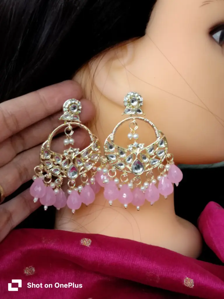 gold-plated kundan chandbali earrings with pink crystal drops and pearls. 