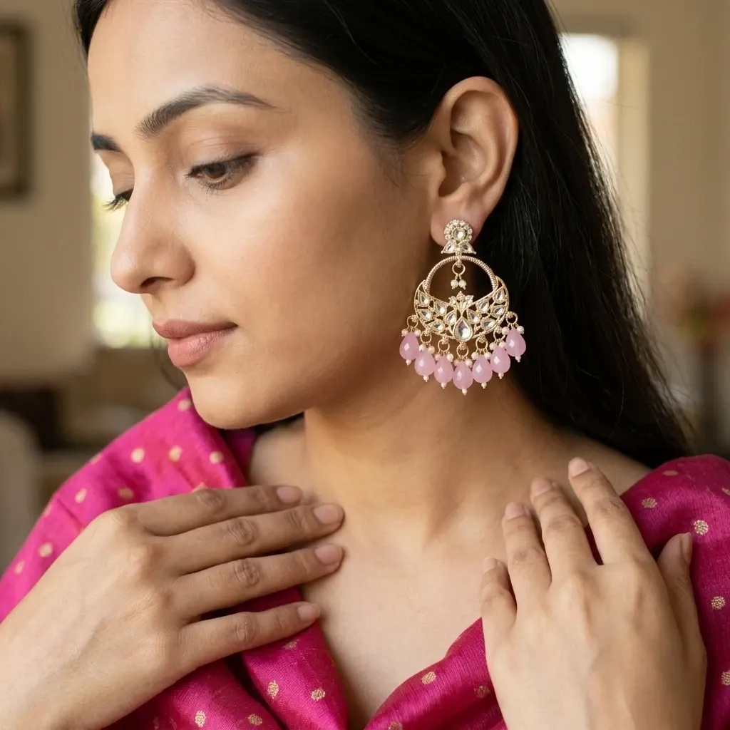 gold-plated kundan chandbali earrings with pink crystal drops and pearls. 