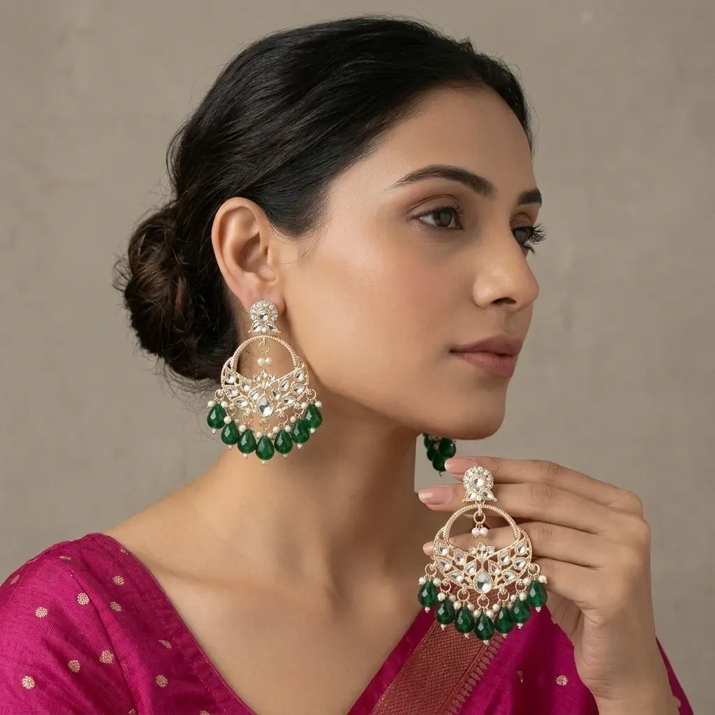 gold-plated kundan chandbali earrings with dark green crystal drops and pearls. 