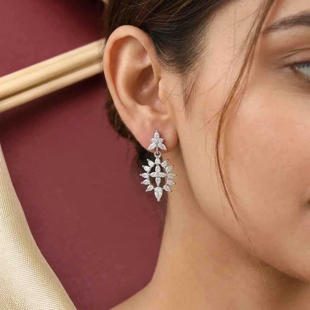 Radiant Blossom Drop Earrings in Silver Finish