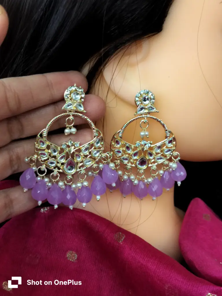 gold-plated kundan chandbali earrings with lavender crystal drops and pearls. 