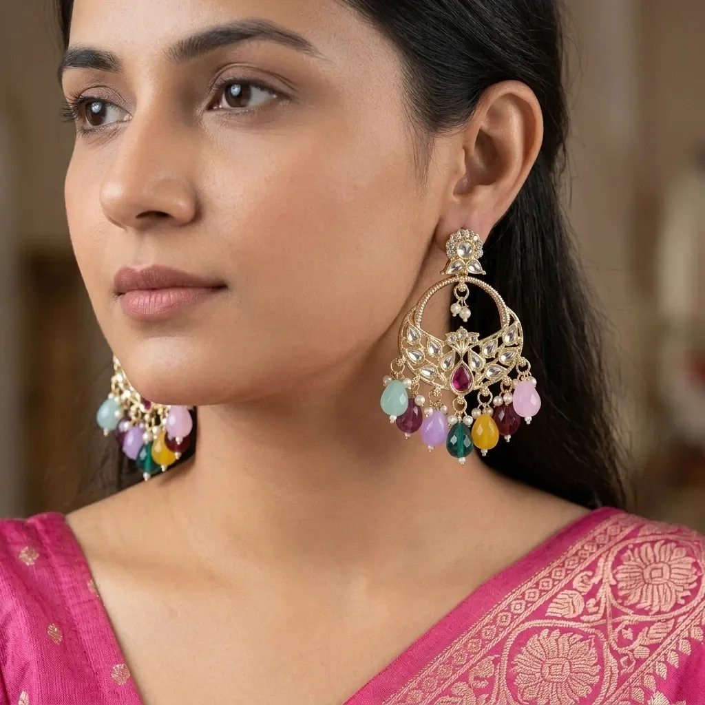 gold-plated kundan chandbali earrings with multicolour crystal drops and pearls. 