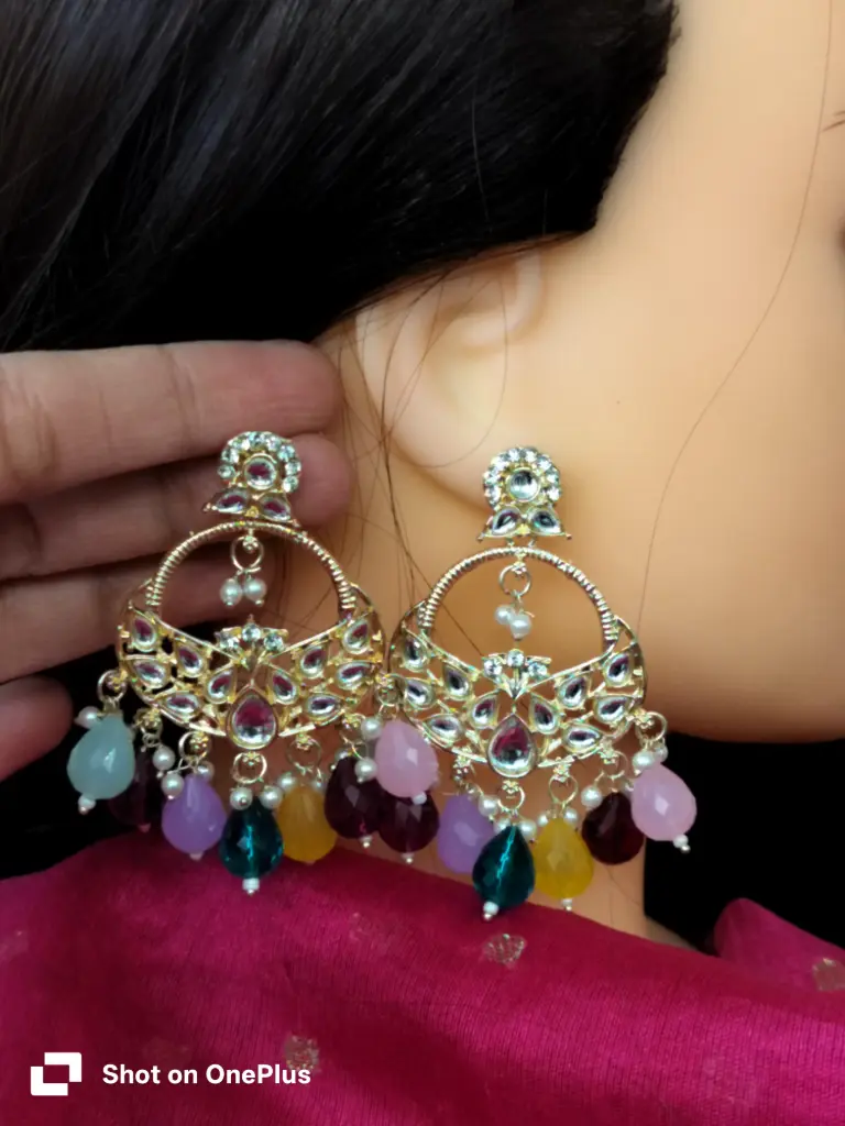 gold-plated kundan chandbali earrings with multicolour crystal drops and pearls. 