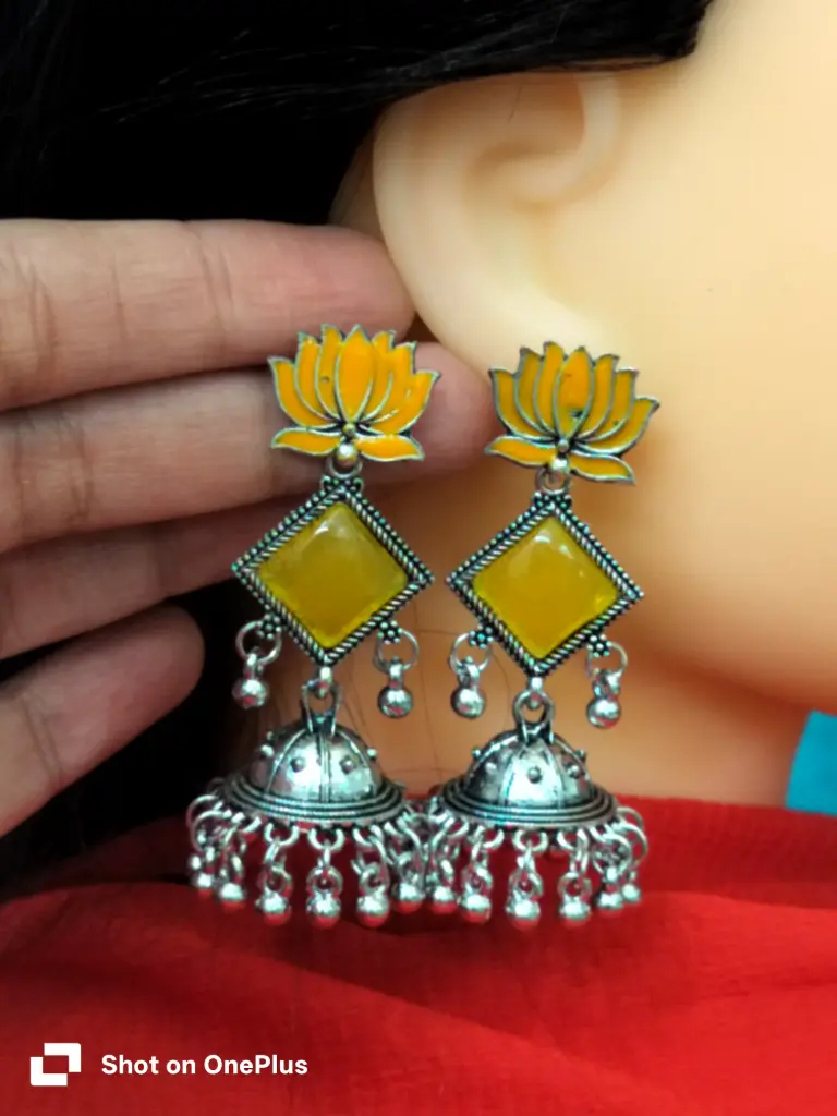 Oxidised Lotus jhumka earrings (yellow)