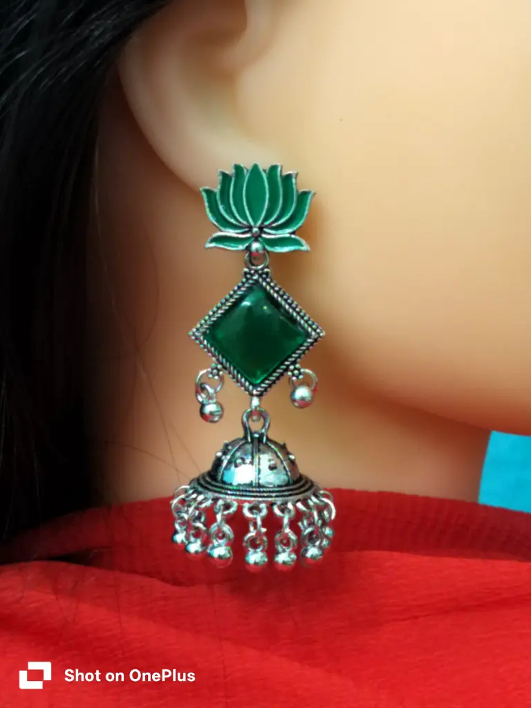 Oxidised Lotus jhumka earrings (green)