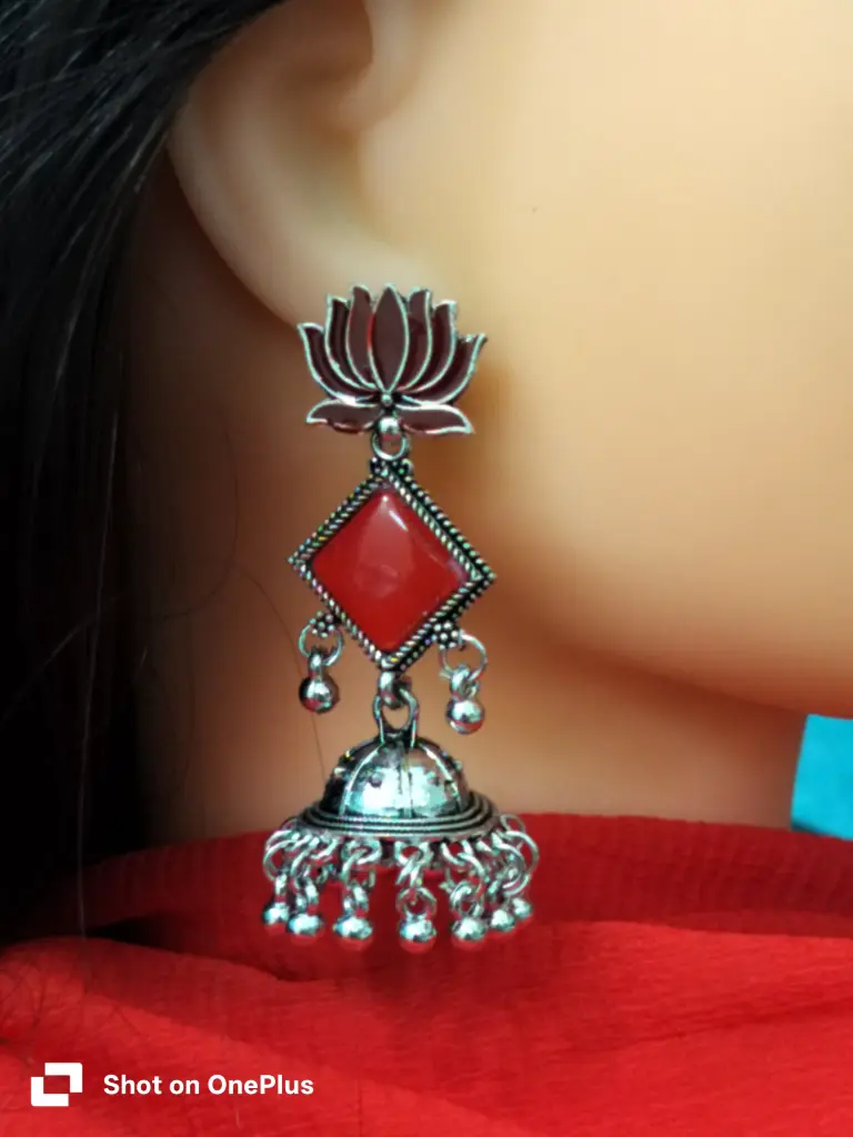 Oxidised Lotus jhumka earrings (red)