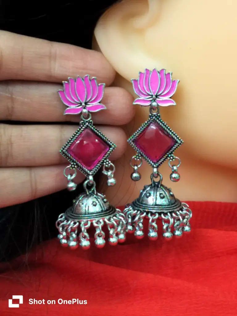 Oxidised Lotus jhumka earrings (pink)