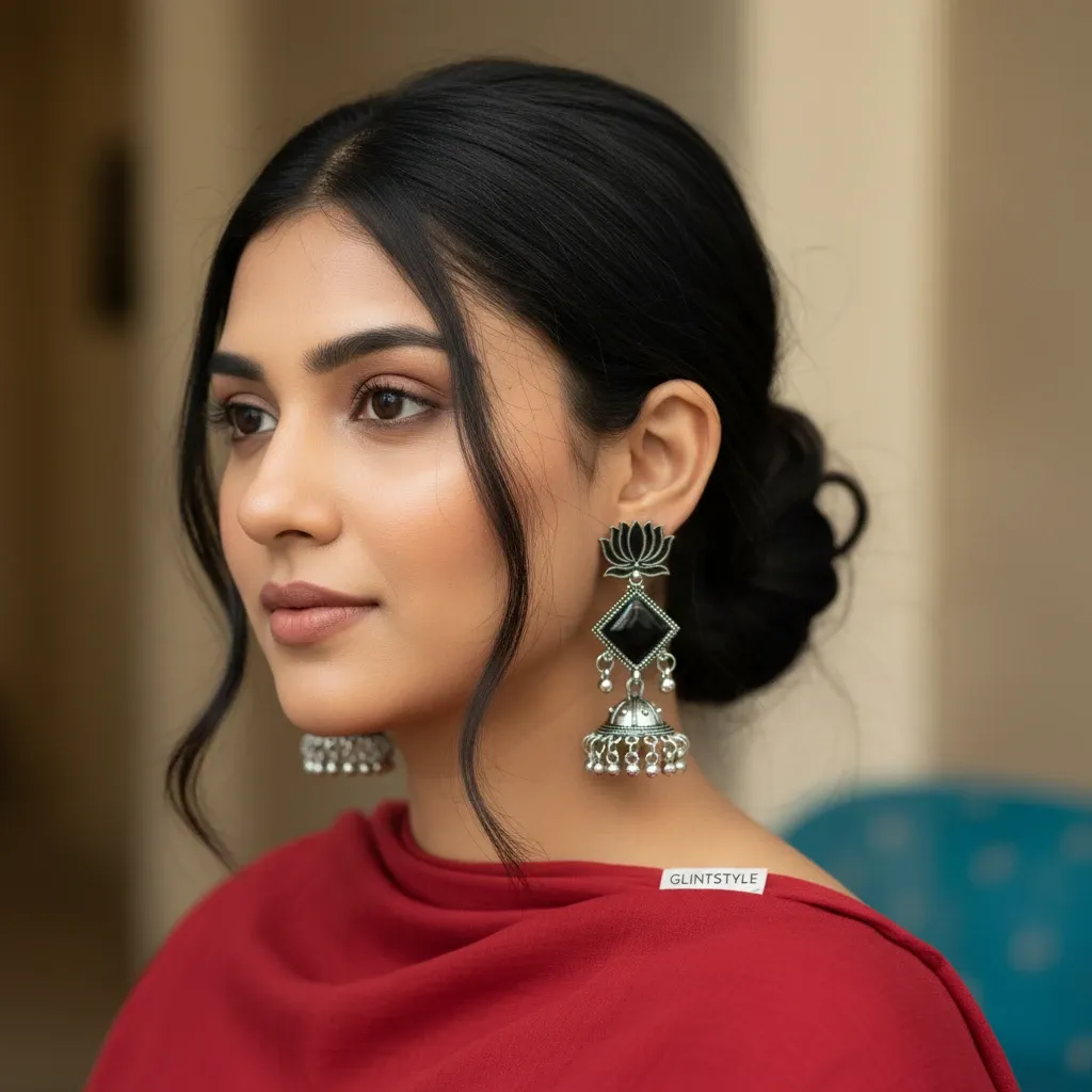 Oxidised Lotus jhumka earrings (black)