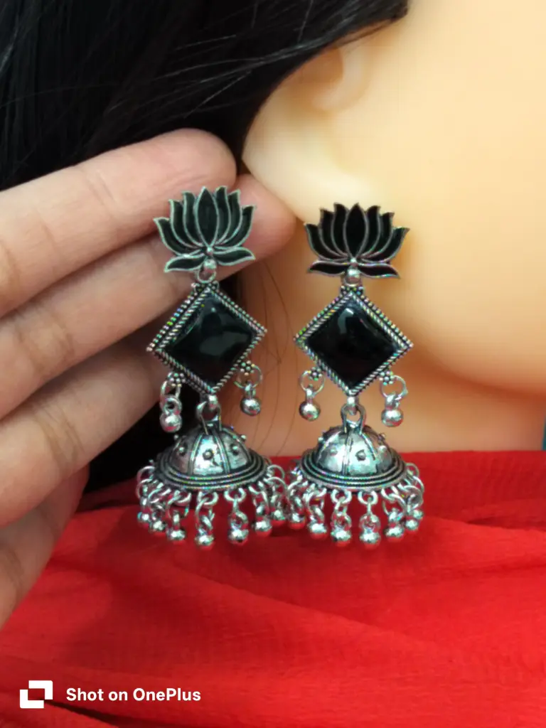 Oxidised Lotus jhumka earrings (black)