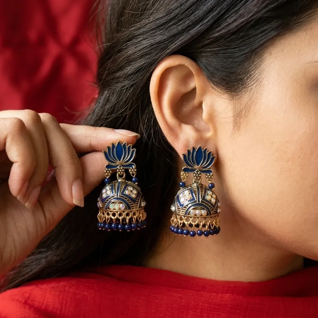 Lotus jhumka earrings (royal blue)