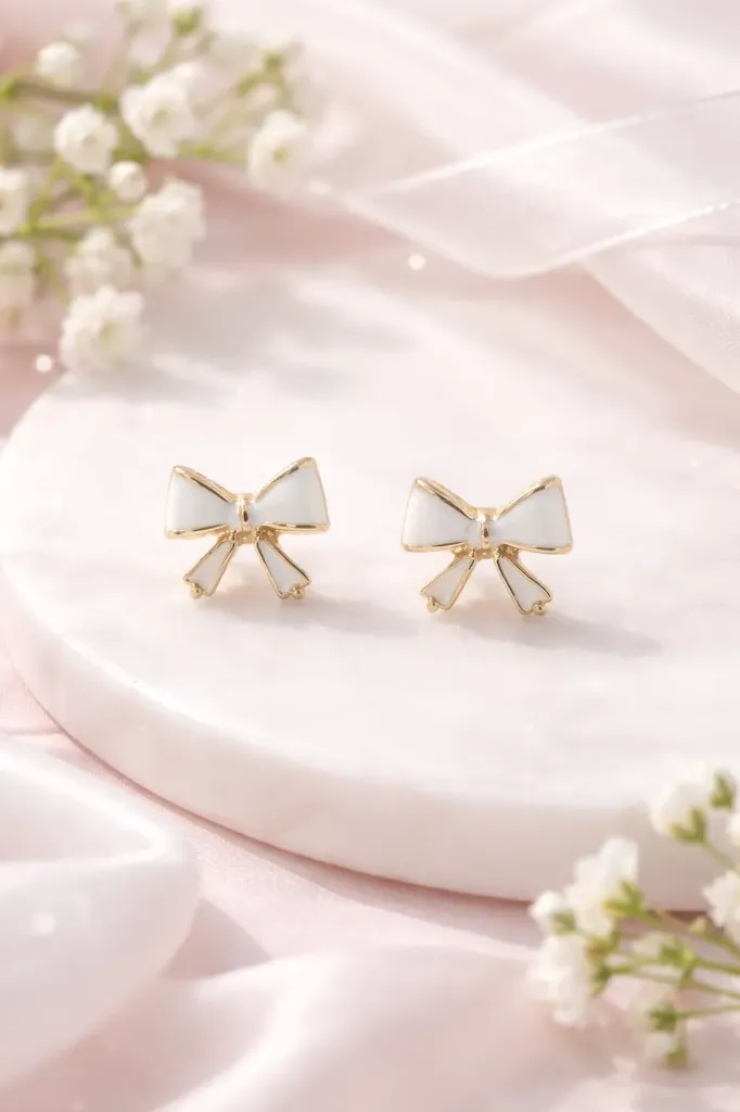 Korean style white bow earrings