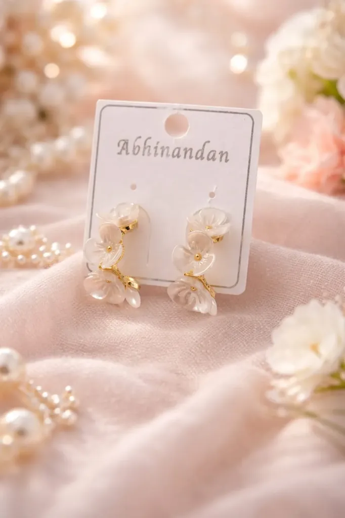 Korean style white flower half hoop earrings